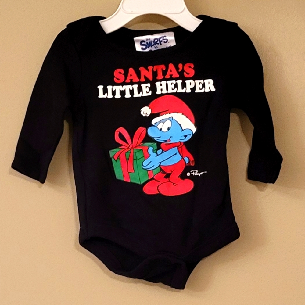 Smurfs "Santa's Little Helper" black long sleeve onesie/bodysuit